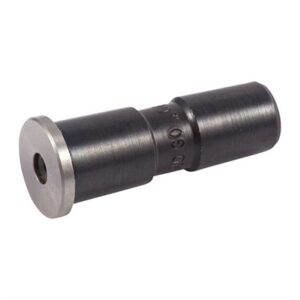 Metal cylindrical calibration weight tool on white background.