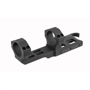 Black rifle scope mounting bracket with rings.