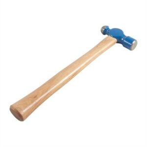 Wooden handle metal mallet with blue head.