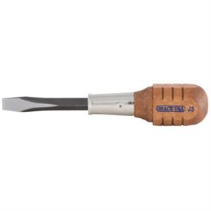 Wood-handled flathead screwdriver, metal tip.