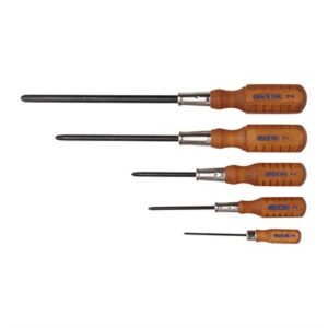 Set of wooden-handled screwdrivers in various sizes.