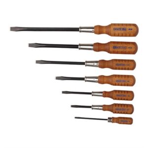 Set of seven wooden handle screwdrivers.
