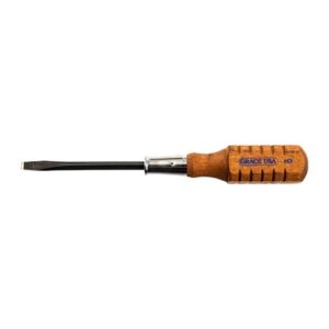 Wood-handle flathead screwdriver with black metal shaft.