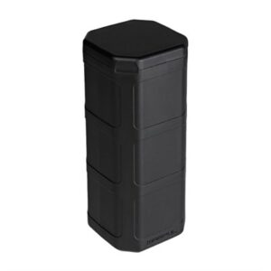 Black rectangular container with hexagonal lid.