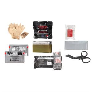 Emergency first aid kit items arranged neatly.