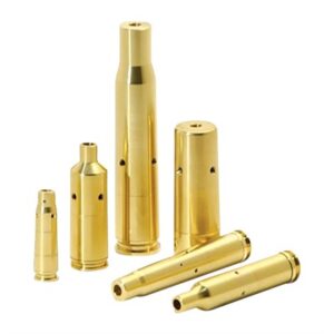 Brass bullet casings of various sizes on display.