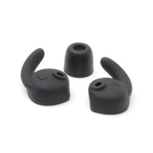Black earbud tips set with hooks and foam cover.