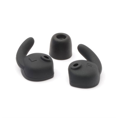 Black earbud tips set with hooks and foam cover.