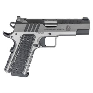 Springfield Armory handgun, black and silver design.