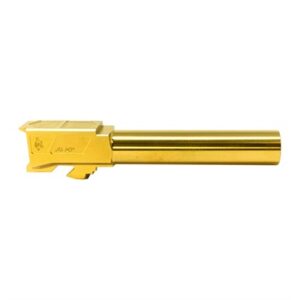 Gold-toned metal gun barrel on white background.