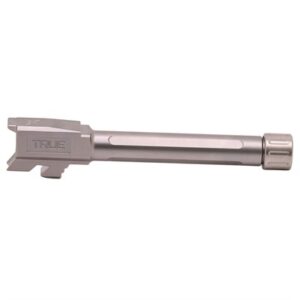Stainless steel firearm barrel with branding.