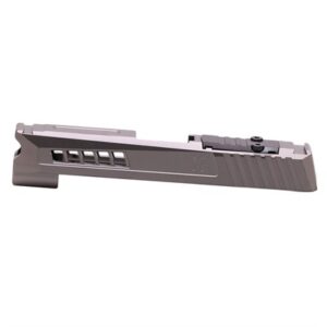 Silver firearm slide with precision cuts
