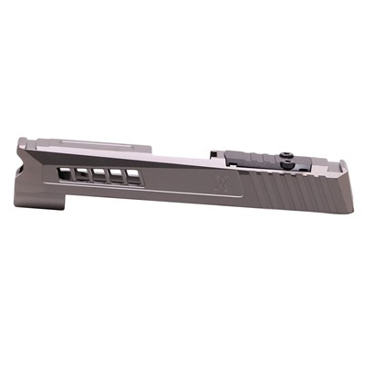 Silver firearm slide with precision cuts