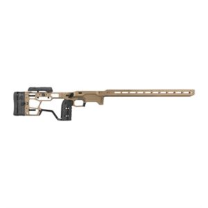 Desert tan rifle chassis, precision-designed frame system.