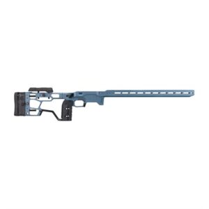 Blue rifle chassis with ergonomic design.