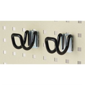 U-shaped hooks mounted on pegboard wall
