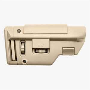 Tan adjustable rifle stock close-up on white background.