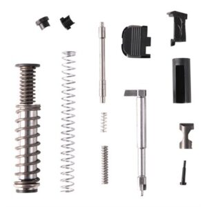 Gun components arranged on white background