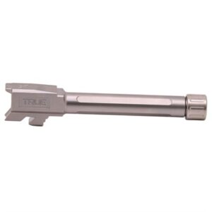Stainless steel firearm barrel component on white background.