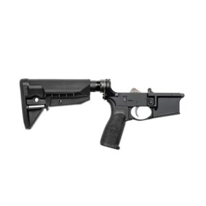 Black rifle lower receiver with stock and grip.