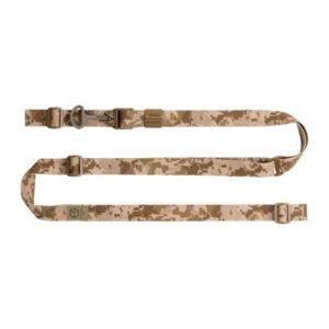 Camouflage tactical rifle sling with attachments.