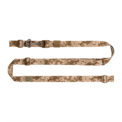 Camouflage tactical rifle sling with attachments.