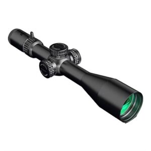 Tactical rifle scope with green lens illumination.