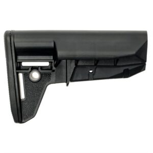 Black adjustable rifle stock for firearm customization.