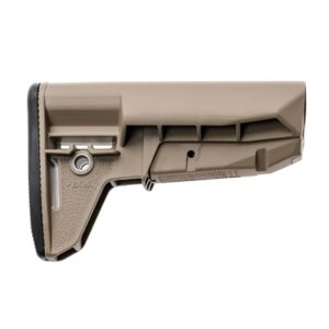 Tan rifle stock for firearm adjustments.