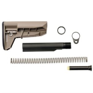 Rifle stock assembly parts on white background.