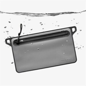 Waterproof pouch submerged, displaying durability.