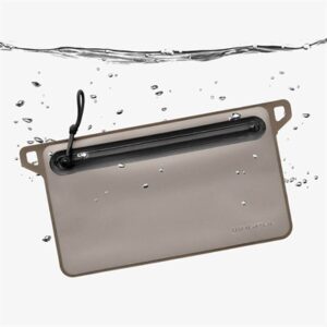 Waterproof pouch submerged in water droplets.