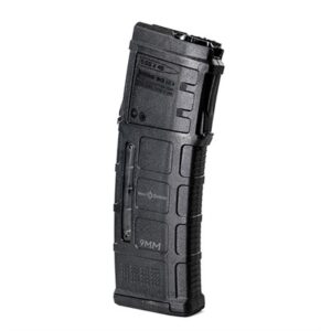 Black 9mm firearm magazine standing upright
