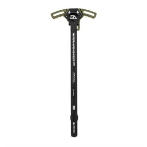 Black Warhammer AR-15 charging handle with tan wings.