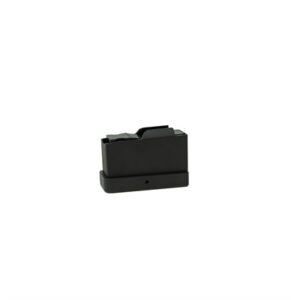 Black magazine for firearm, side view.