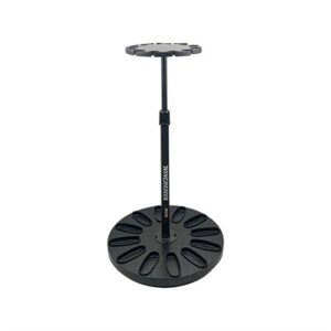 Black tool organizer stand with slots and handle.