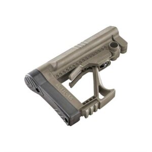 Brown adjustable rifle stock on white background.
