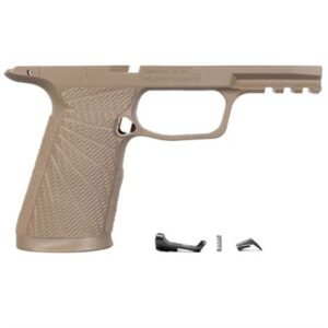 Tan pistol frame with textured grip and accessories.