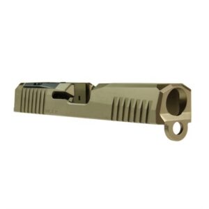 Tan pistol slide with serrations, left side view.