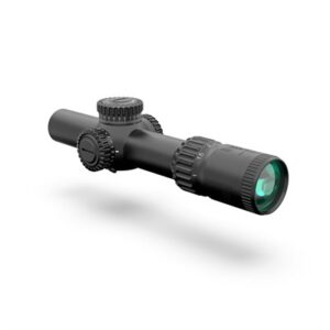 Black rifle scope with adjustment knobs and lens.