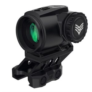 Tactical rifle sight with green lens and mount.