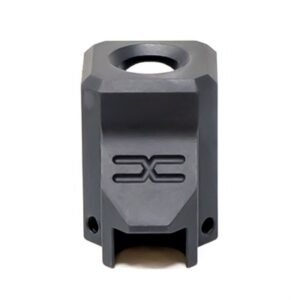 Gray metal gun accessory with logo engraving.