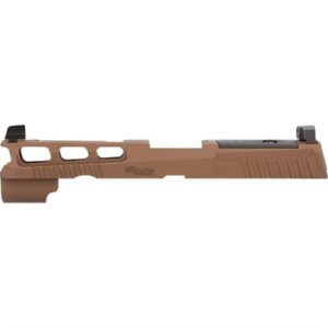Brown pistol slide with cutouts and serrations.