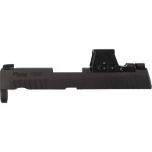 Black gun slide with mounted sight, side view.