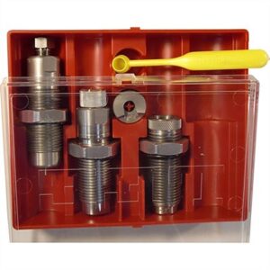 Rifle die set with yellow powder measure spoon.