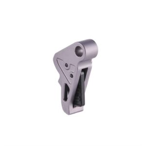Silver metal mechanical component with holes and grooves.