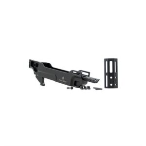 Black firearm chassis with mounting components.