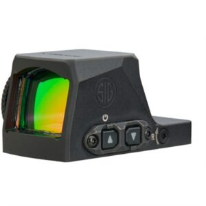 Tactical reflex sight with green lens and controls.