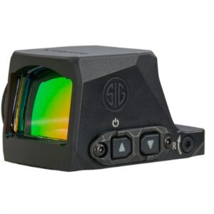 Compact reflex sight with adjustment buttons.
