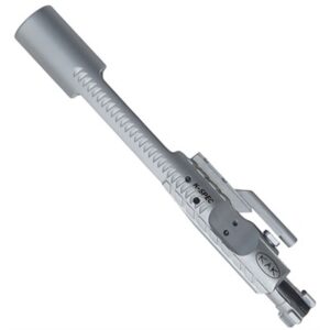 Silver bolt carrier group for AR-15 rifle.